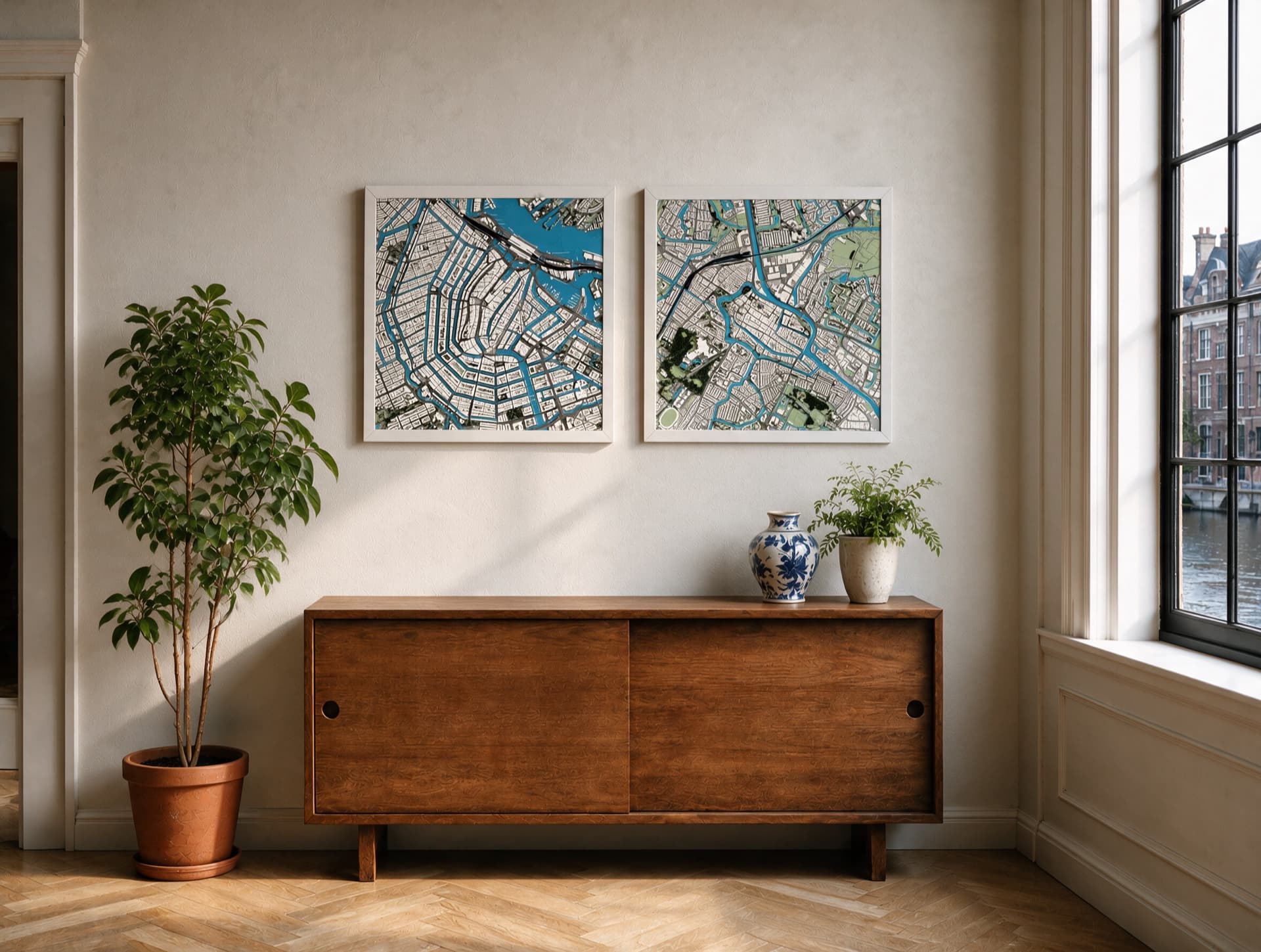 Two white-framed 3D city relief maps above a wooden cabinet in a sunlit Dutch interior.