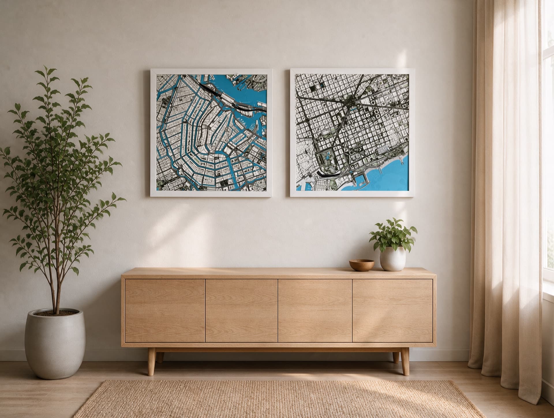 Two white-framed 3D city relief maps above an oak console in a sunlit Scandinavian interior.
