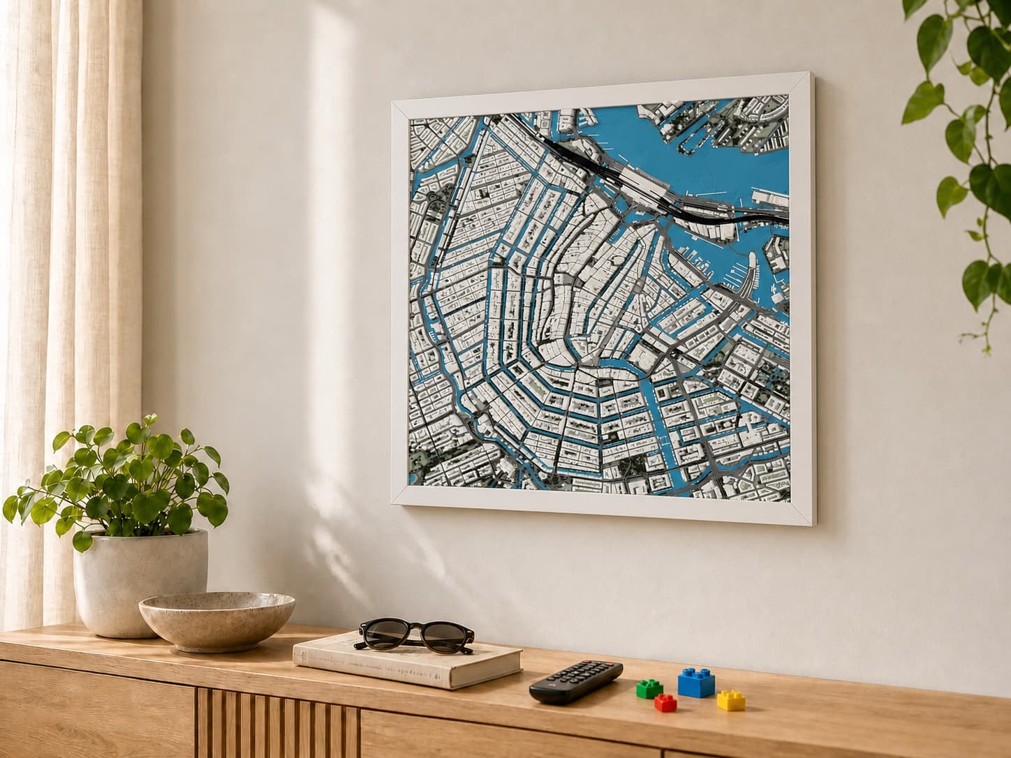White-framed 3D city map of Amsterdam's canal rings on a wall above an oak sideboard.