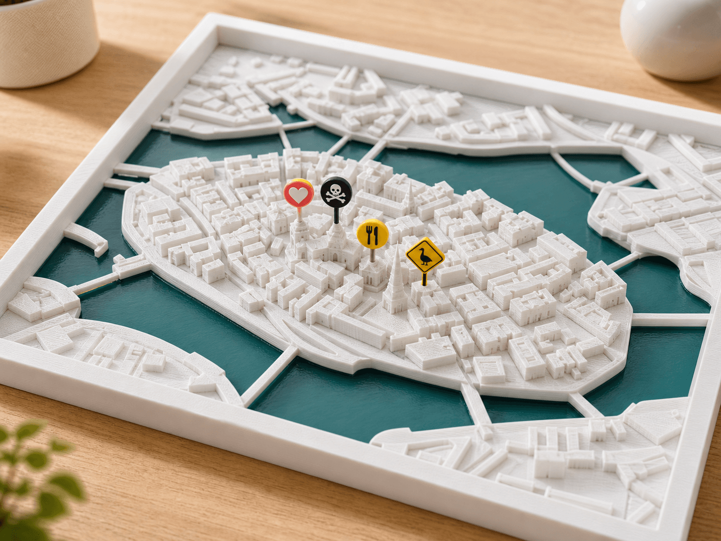Close view of a detailed printed relief map showing roads, buildings, and water.