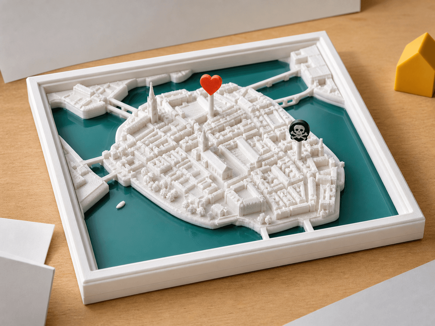 Detailed 3D relief map of Gamla Stan with a small heart marker.
