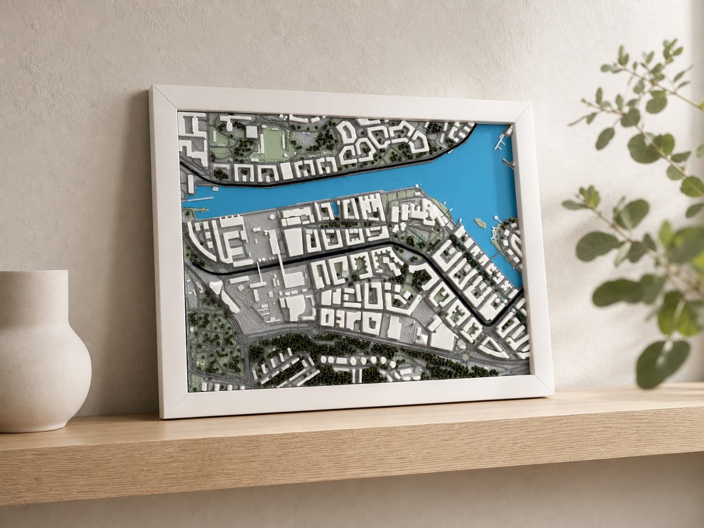 3D city map of a waterfront neighbourhood in Stockholm.