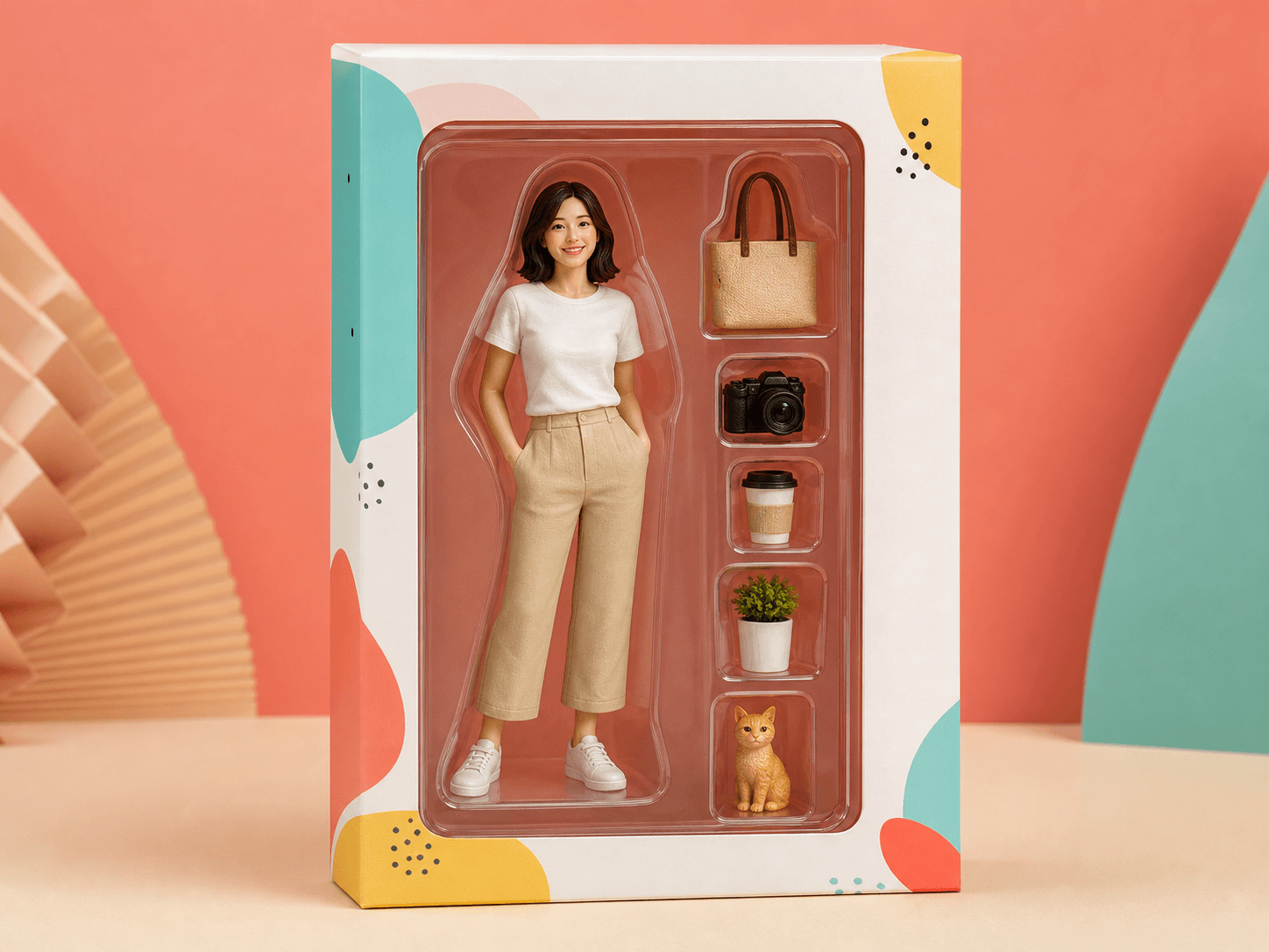 Personalized figurine in a clear-window display package.