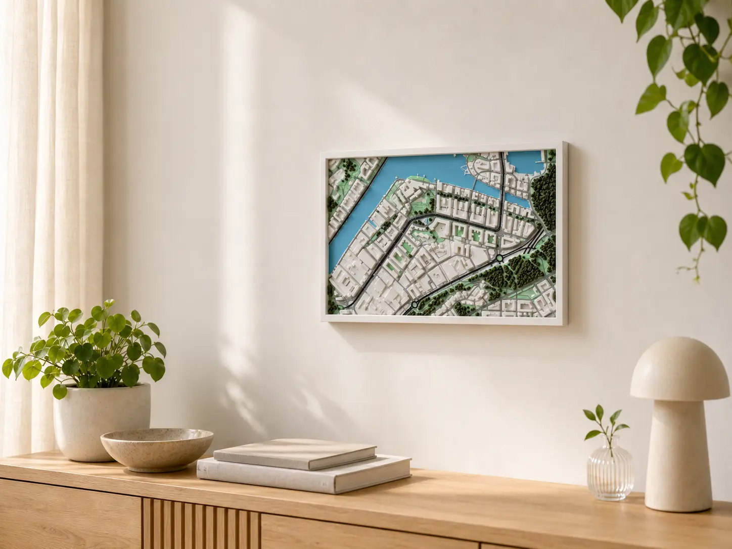 A framed rectangular 3D relief map displayed on a wall.