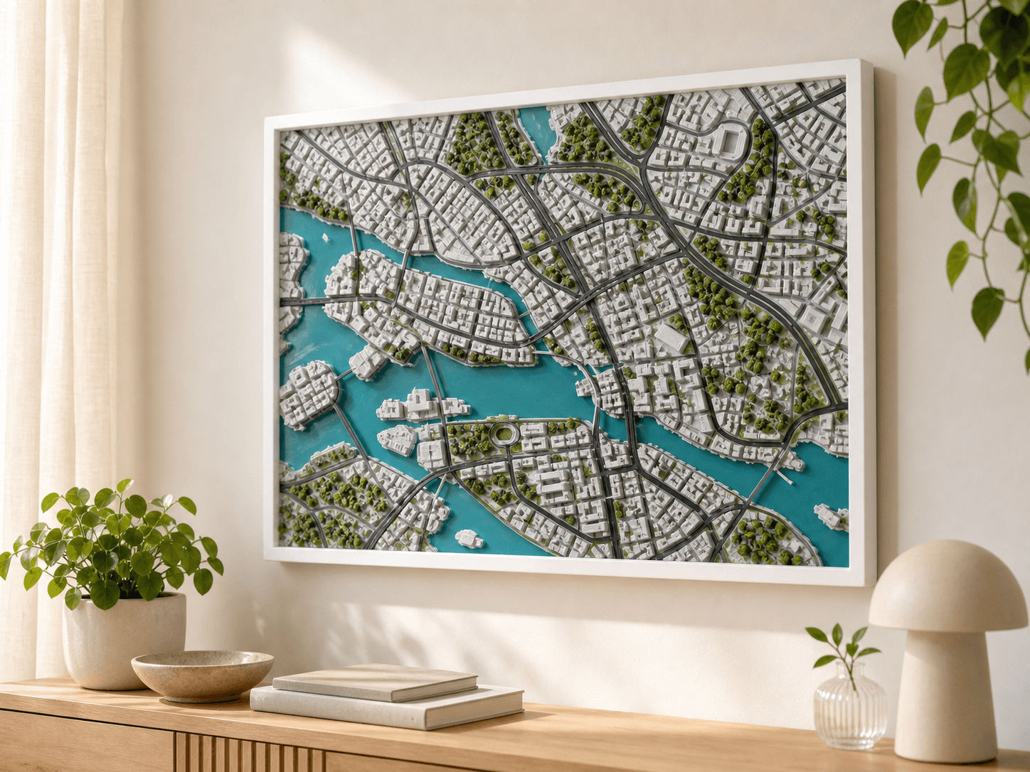 Square framed 3D relief map of central Stockholm mounted on a wall.